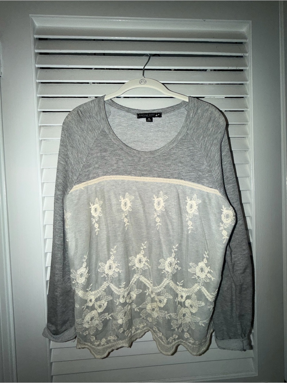 Gray Long Sleeve Sweatshirt with Cream Lace Front